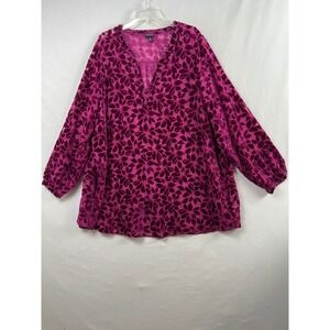 Torrid 4 Burnout Velvet Blouse Women 4X Floral V-Neck Tunic Burgundy Long Sleeve